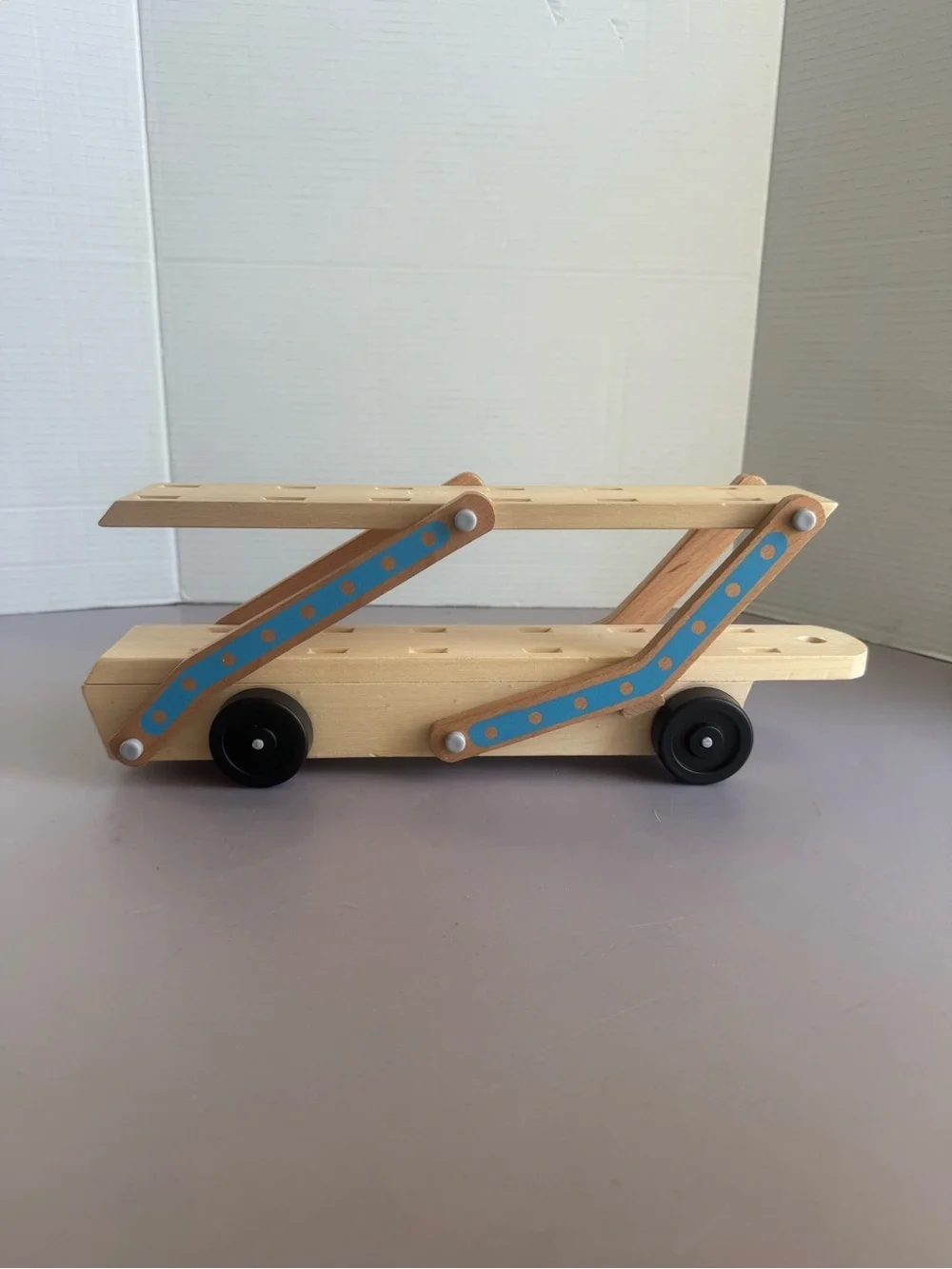 Melissa & Doug Natural Wood Toy Car Carrier with Light Blue Accents